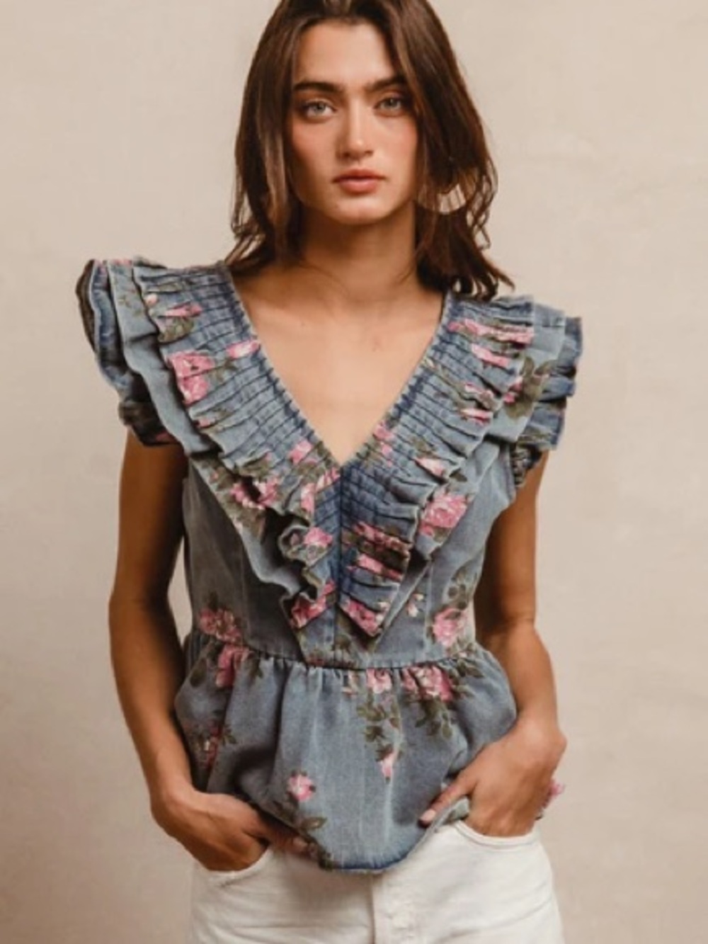 BiBi Ruffled V-Neck Floral Denim Peplum Top - Blue with Pink Roses - Large